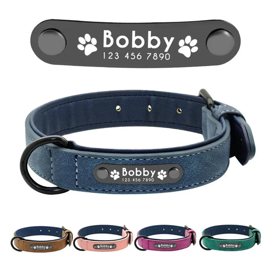 Personalized Name ID Tags Dog Collars- Custom Text name -Leather Collar- Sizes S to 2XL-Collars/Leashes