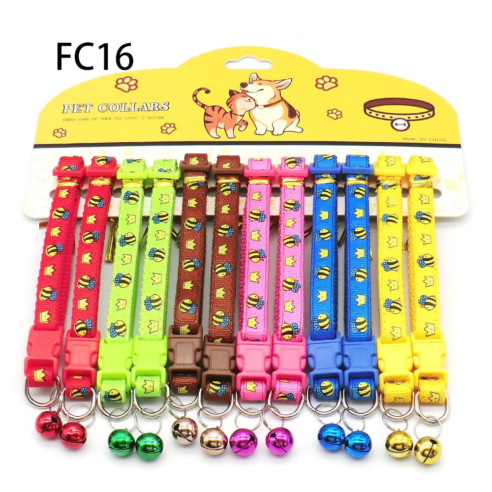 12Pcs Wholesale Mix Color Anti-Lost Dog Collars- Pet Cat Puppy Buckle Collar with Bell- 6 Colors Footprint