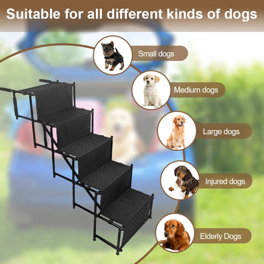 5 Steps Dog Stairs- Support Up To 150 Lbs- Foldable Dog Ramp Ladder with Nonslip Surface- Lightweight- Portable Pet Ladder Ramp