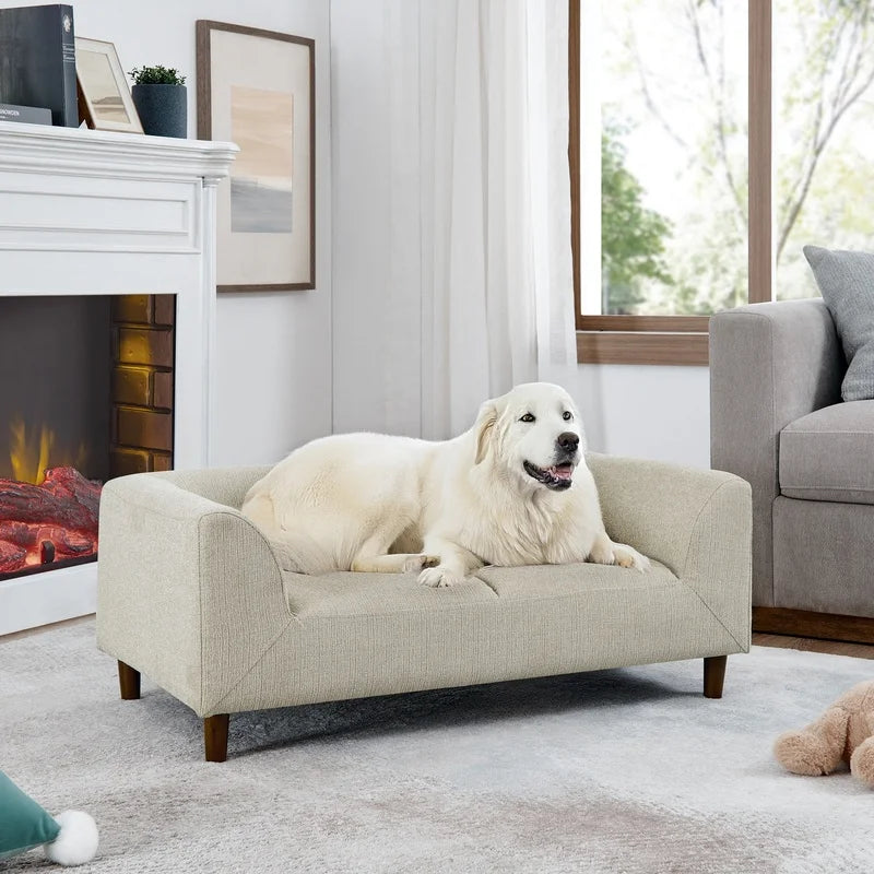 Modern Beige Rectangular Dog Sofa with Backrest and Armrests for Small Medium to Large Size Dogs- Soft Cushion- Beds & Blankets