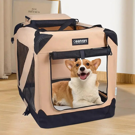 Soft Foldable Portable Dog Crate 36" Beige- Security- Breathable 3 Door Travel Carrier- Indoor & Outdoor Mesh Bed Pad