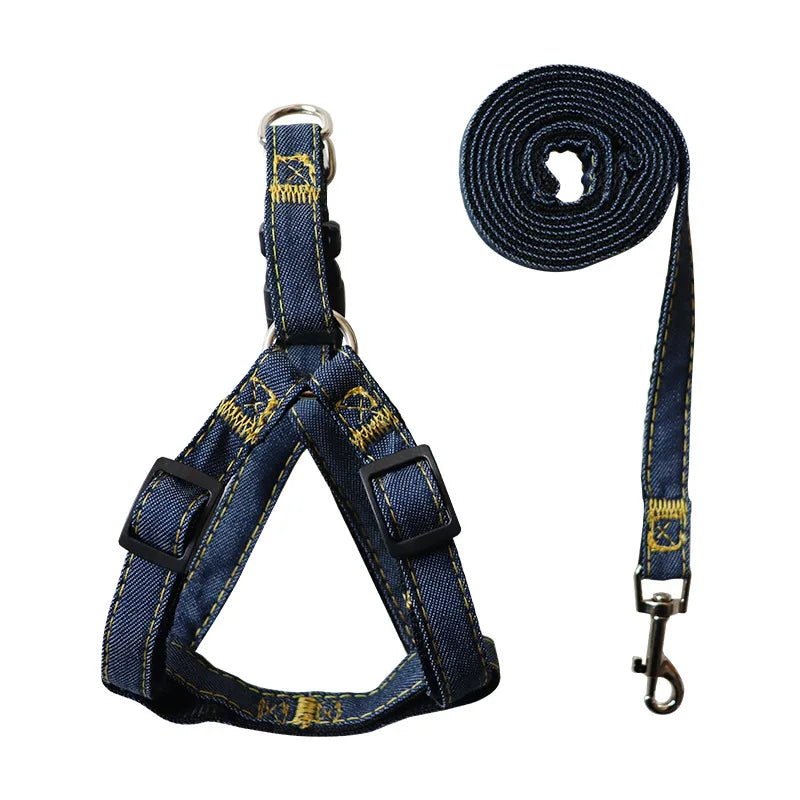 3 pcs Denim Dog Collar Harness Set- Pet Accessories-Collar/Leashes