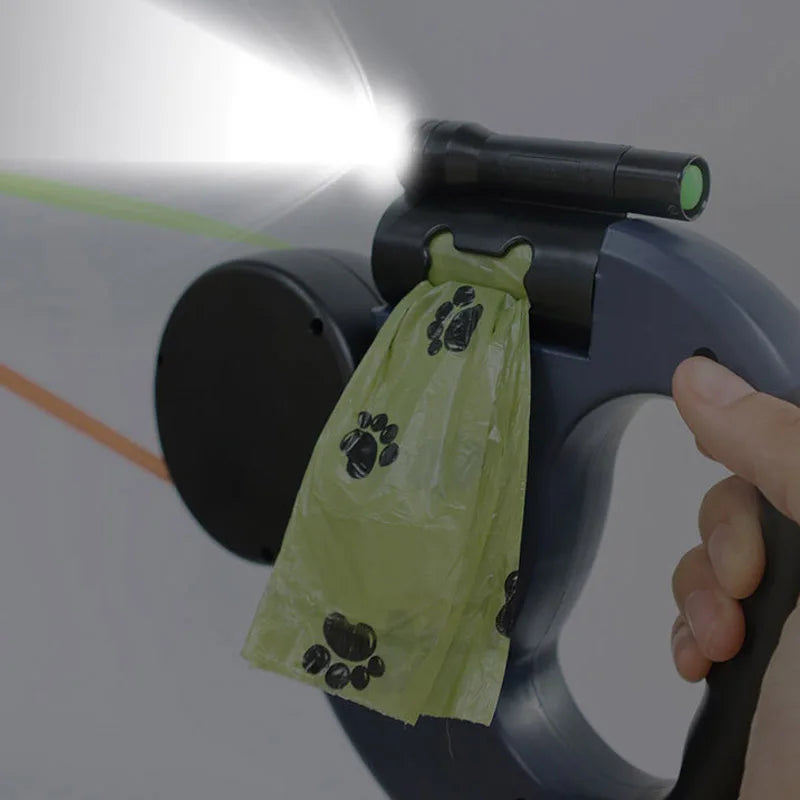 3 in1 Double Head Automatic retractable Dog leash with Flashlight /Poop Bag Dispenser- Reflective -Extendable Traction Rope