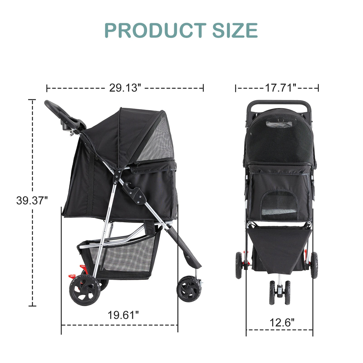 JHK 3 Wheels Foldable Pet Stroller-Mesh Windows- Storage Basket- Cup Holder-Pet Strollers