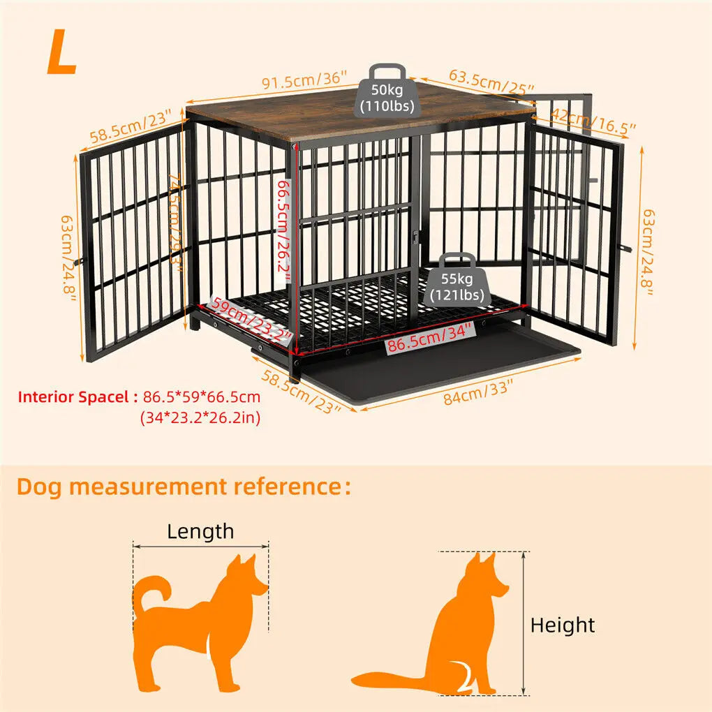 Wooden Dog Crate Furniture w/Metal Frame- Indoor Dog Kennel End Table- Stylish-3 Doors- Removable Tray-Crates