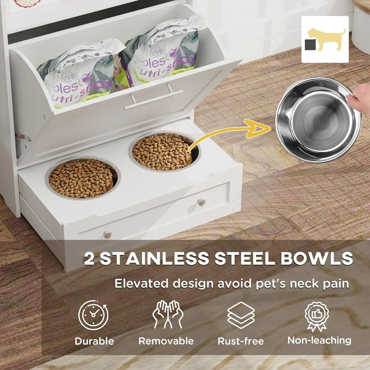 Dog Feeding Station with Raised Bowls/ Storage Cabinet- Pet Feeder Organizer with Hanger for Food & Water-Pet Bowl/Feeding