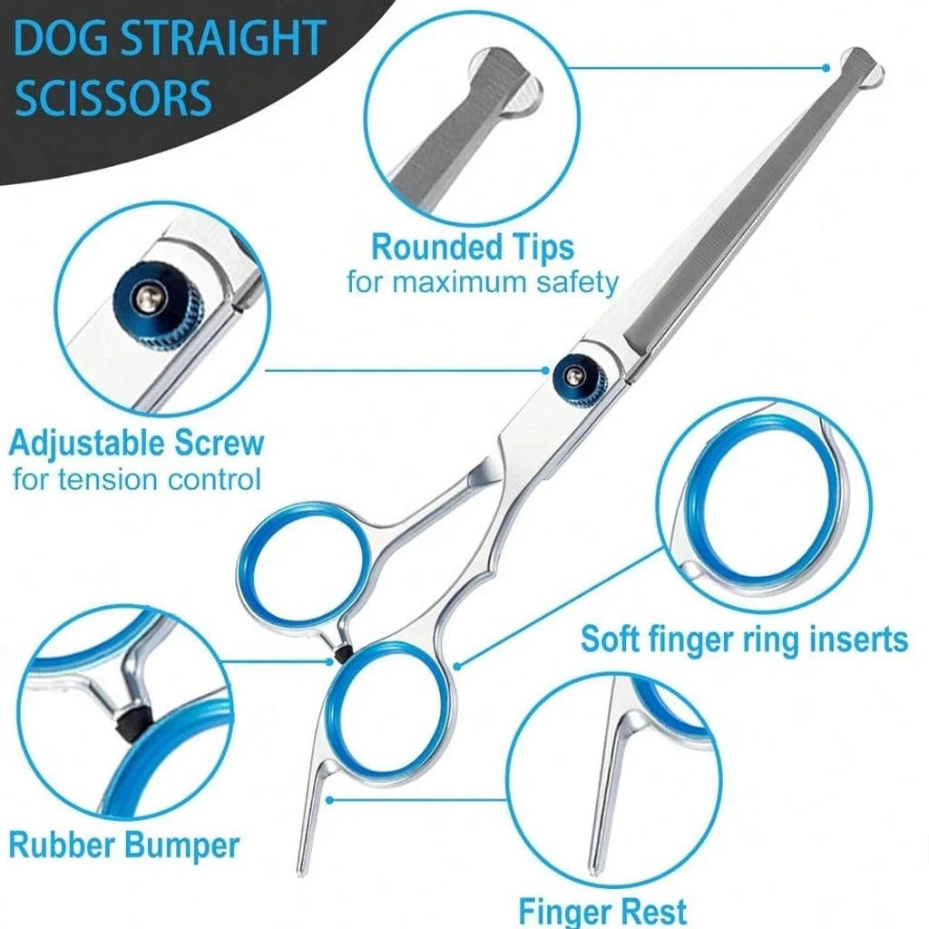 Professional Pet Grooming Scissors Kit- Stainless Steel -Dog/ Cat Hair Cutting Thinning -Curved Straight Trimmer Shears with Comb/Case-Pet Grooming