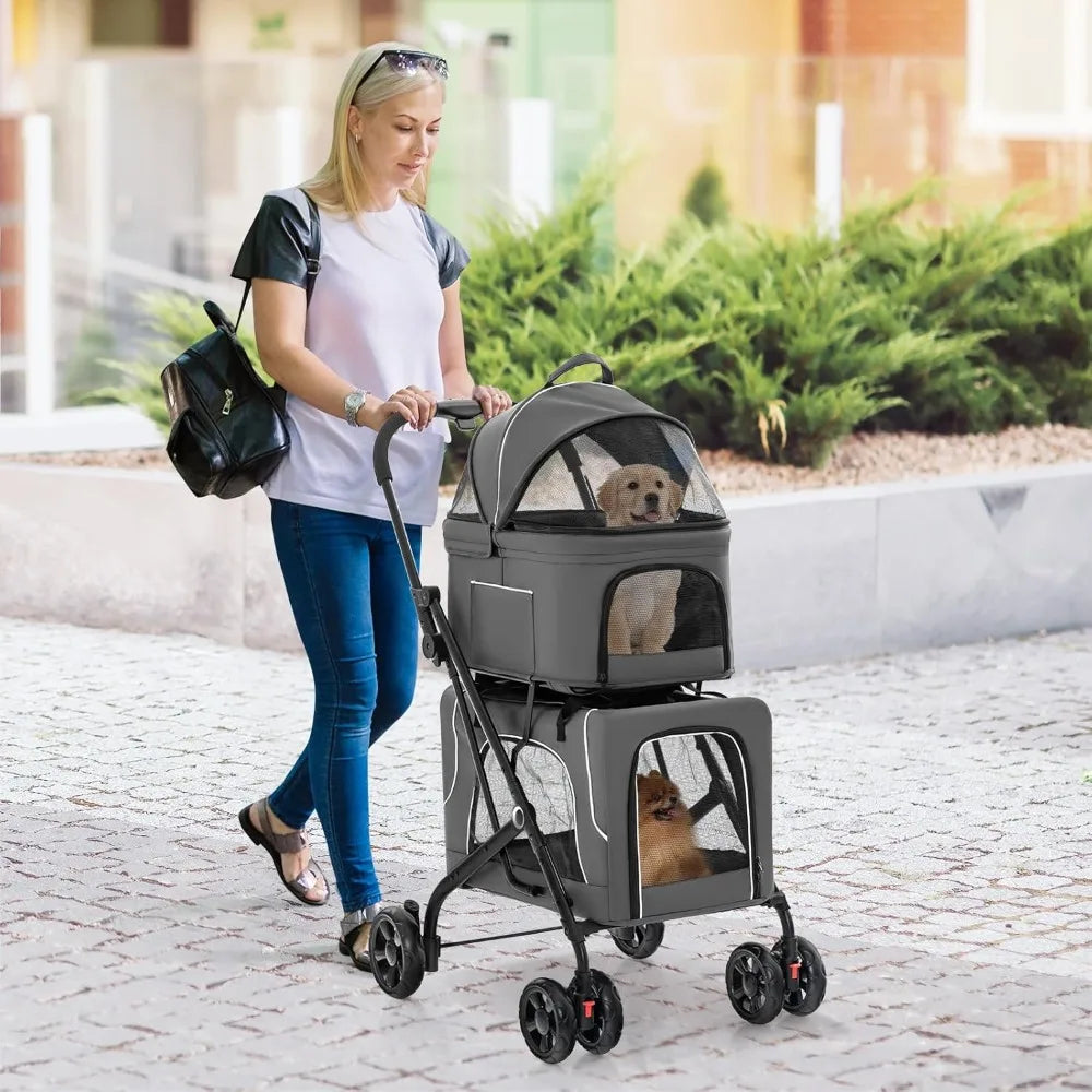 Double Dog Stroller for 2 Dogs- Detachable Carriers-Safety Belt- 4 Lockable Wheels-Pet Travel Carrier Stroller