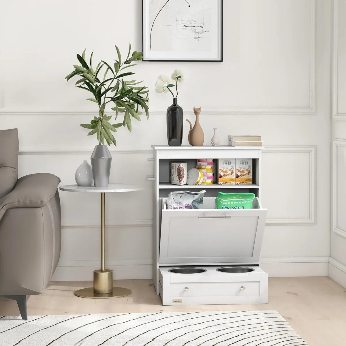 Dog Feeding Station with Raised Bowls/ Storage Cabinet- Pet Feeder Organizer with Hanger for Food & Water-Pet Bowl/Feeding