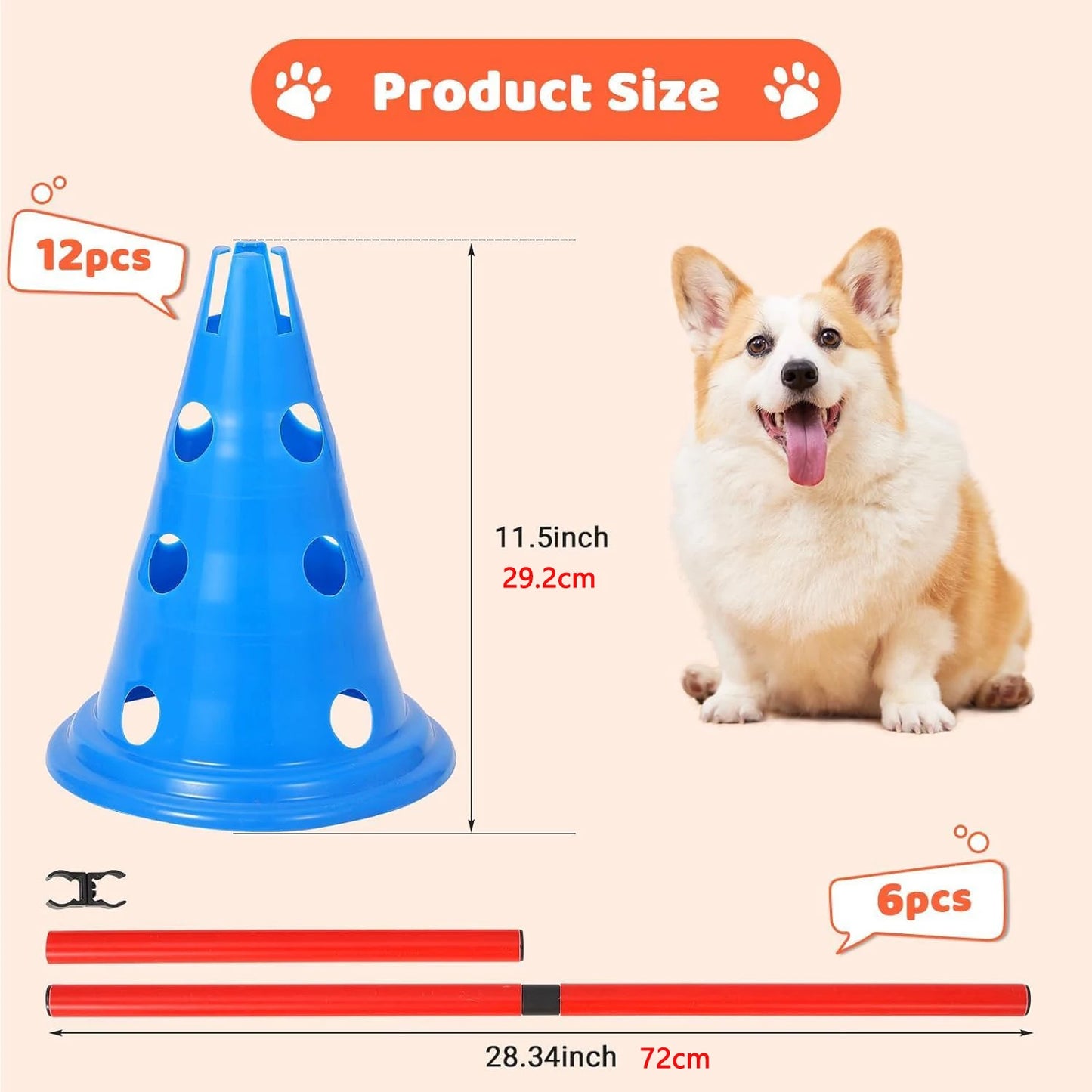 Dog Agility Hurdle Cone Set -Dog Agility Course Set with 12 Cones 6 Rods Dog Agile Training Equipment for Outdoor Backyard-Training