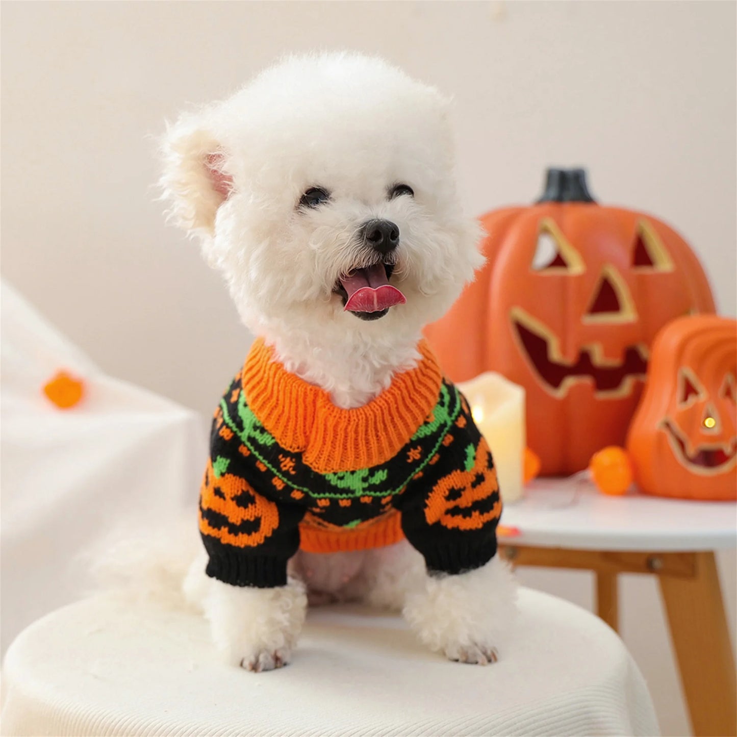 Halloween Pumpkin Ghost Costume for Dogs -Pet Winter Fall Clothes Pumpkin Knitted Sweater- Small Dog Outfit