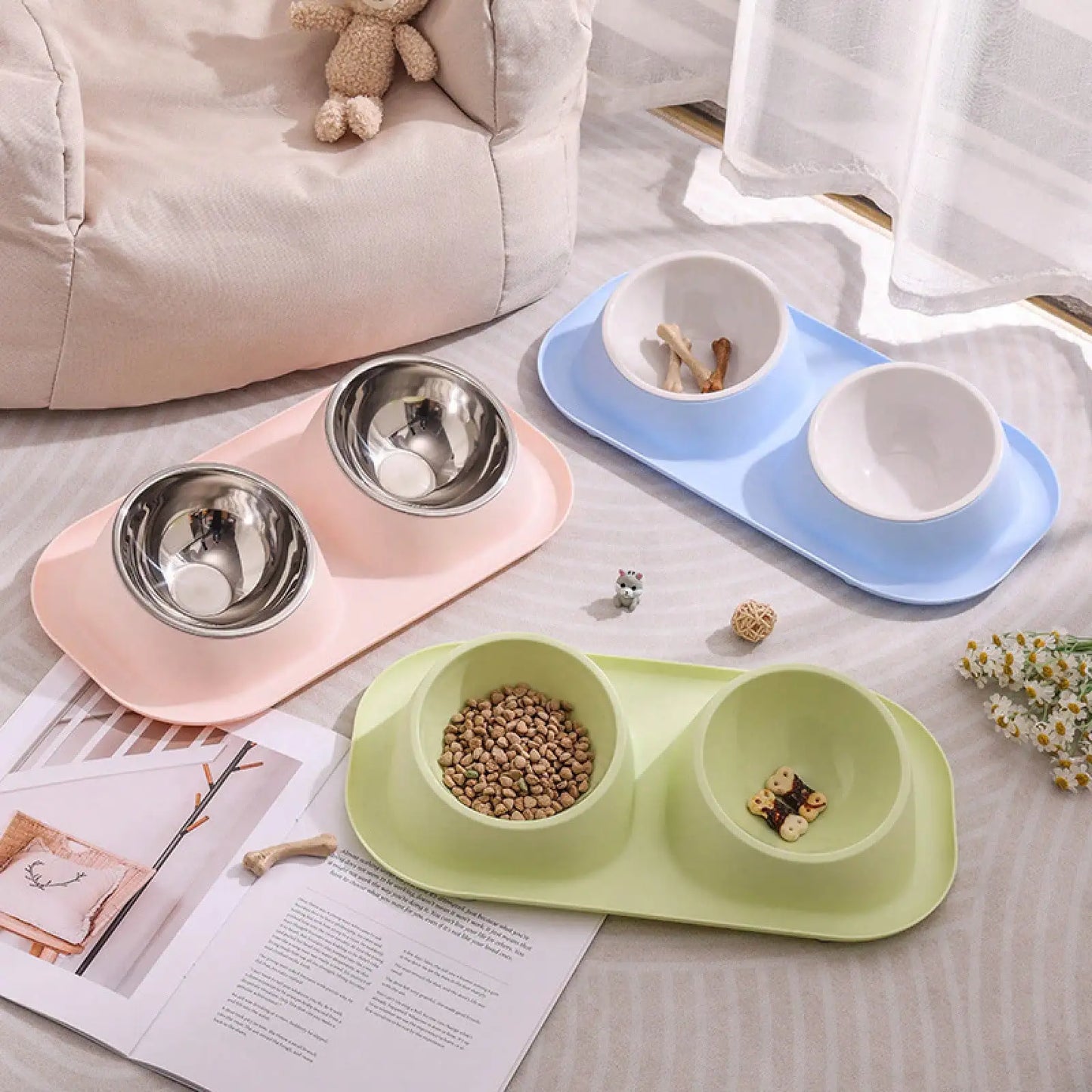 Ceramic Double Dog Bowls With Non-Slip Base – Detachable Stainless Steel- Silicone Food & Water Bowls-Anti-Spill Design- Easy To Clean-Gray-Pet Bowls/Feeding