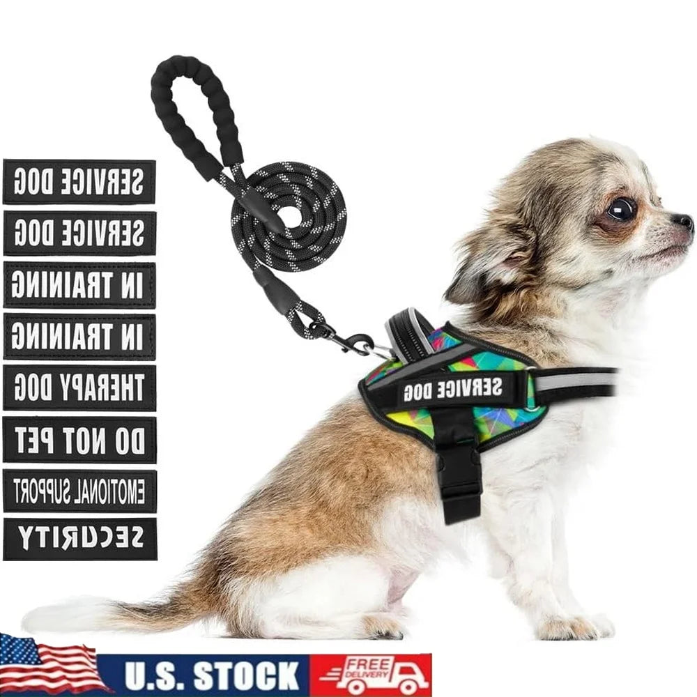 Service Dog Harness Leash Set- Reflective No Pull -10 Patches Multi Color Training Vest- Durable Lightweight Small to XL Dogs