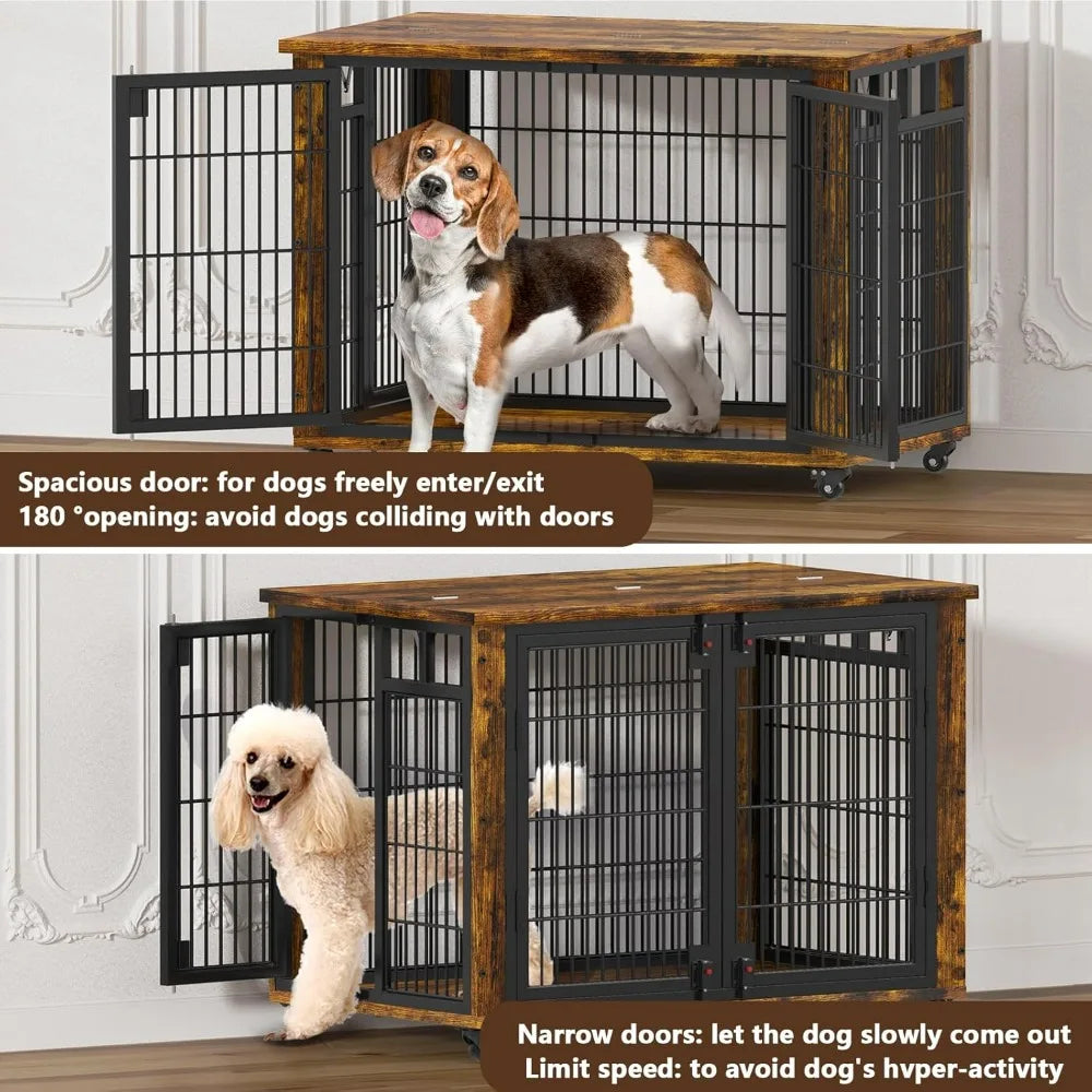 Wooden Dog Crate Furniture-Small and Medium Dog Kennel- Indoor Furniture with Top-Access-2 Doors