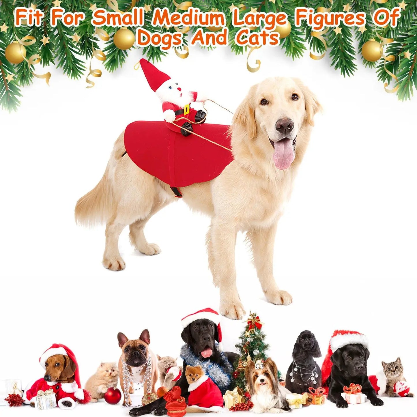 For Pet Christmas Costumes- Red Winter Coat for Dog Riding Santa Claus with Bell Clothes- New Year Outfit Costumes