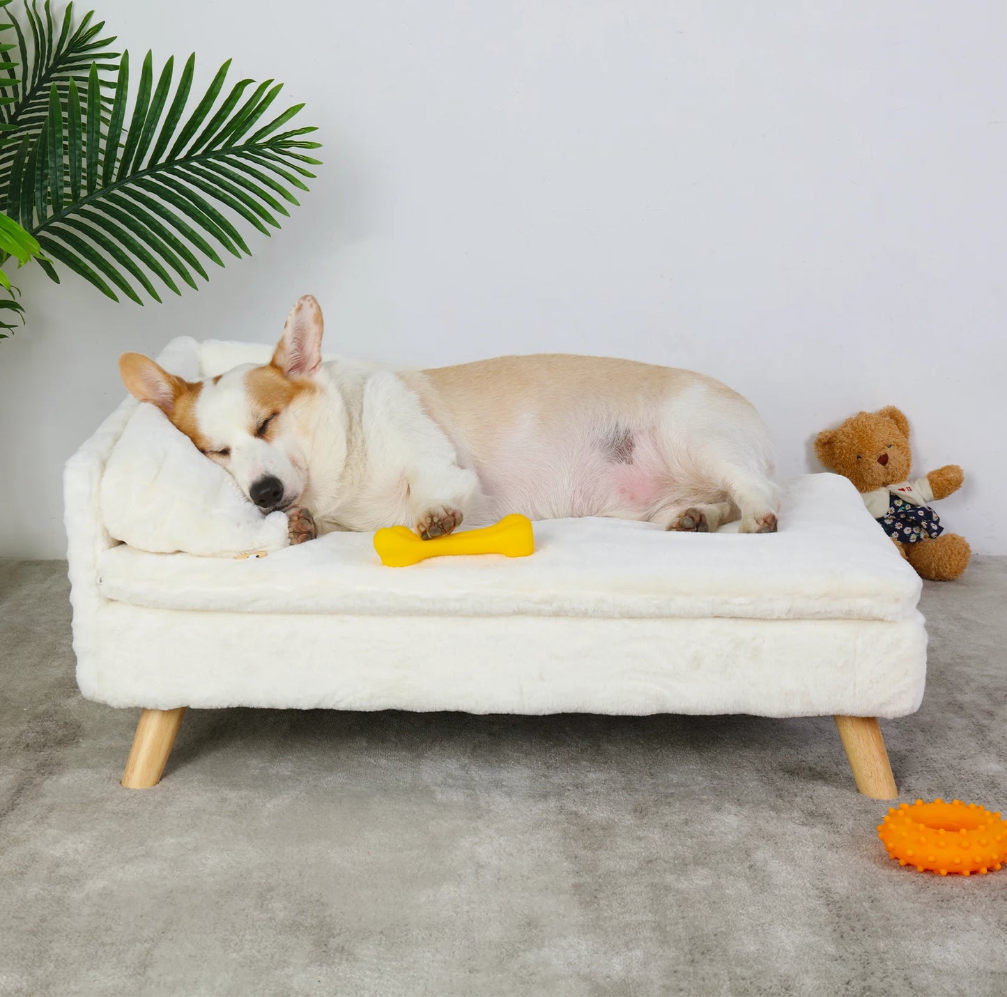 Elevated Pet Bed Solid Wood Leg Dog Cat Sofa for Indoor  L Shape Plush Couch Lounge with Soft Pillow-Sizes S/M-Beds & Blankets