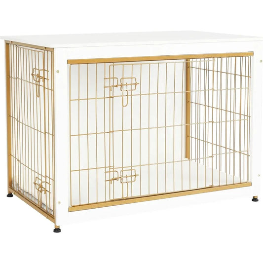 DWANTON Dog Crate Furniture with Cushion- Wooden Dog Crate Table- Double Doors - 38.5" L-White
