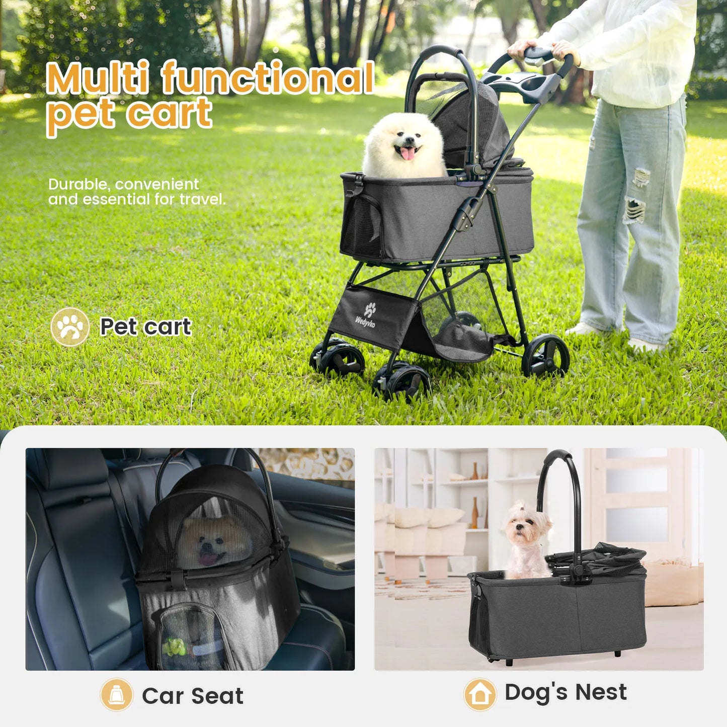 Luxury Detachable Pet Stroller- Light- Cup Holder Design Four-wheeled Universal Wheel Dog Cart- Outdoor Travel Carrying Bag