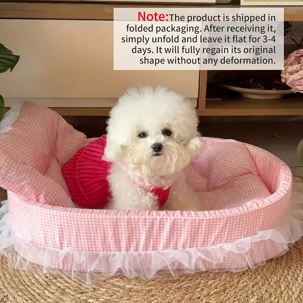 Cute Lace-Trimmed Pet Princess Bed- Soft Polyester Plush- Oval for Small Dogs- Easy Assembly- Indoor Use-Bed & Blankets