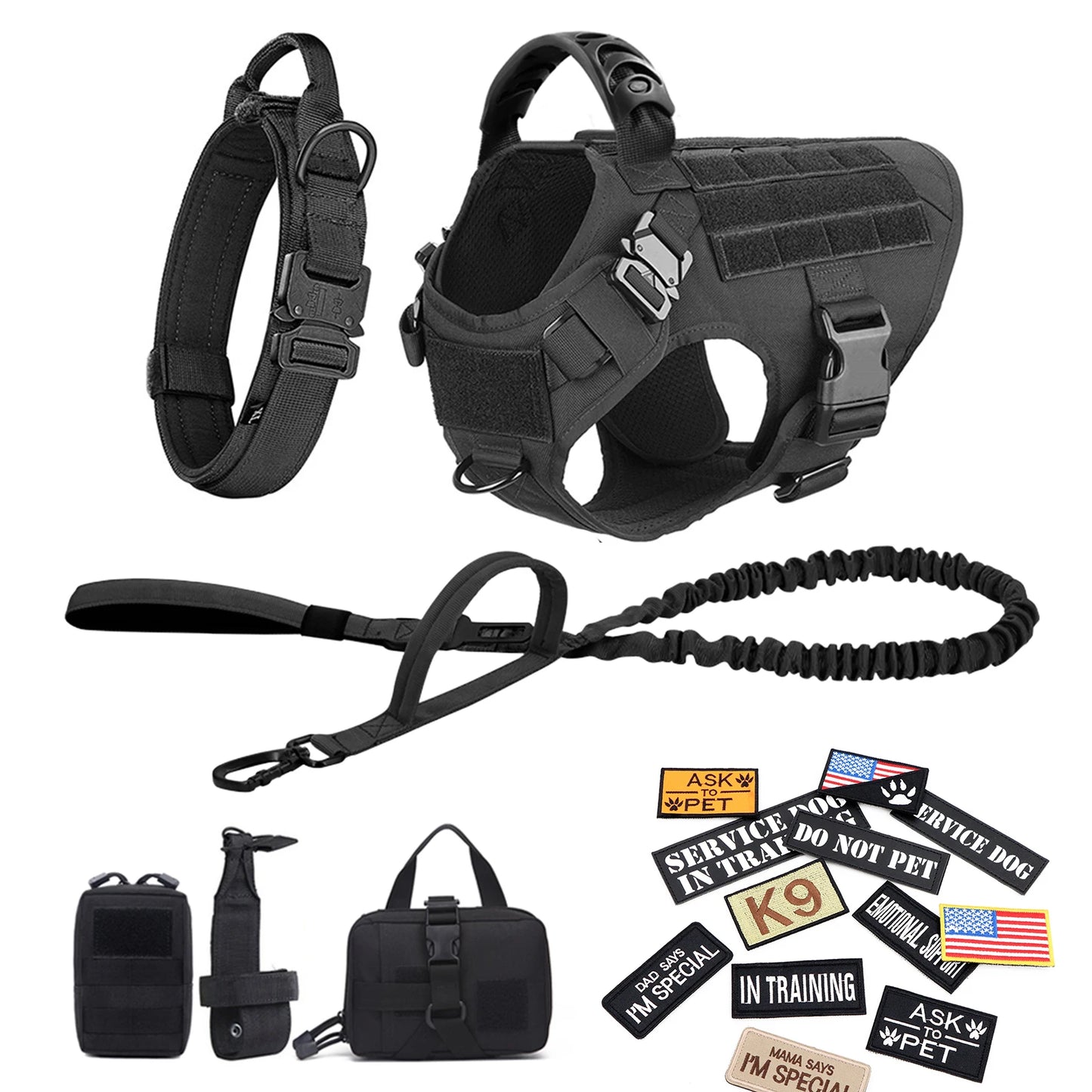 Military Dog Harness/ Collar/ Leash- Bags- Patches Set- Pet Malinois Training Vests-Sizes S to XL- Collars/Leashes