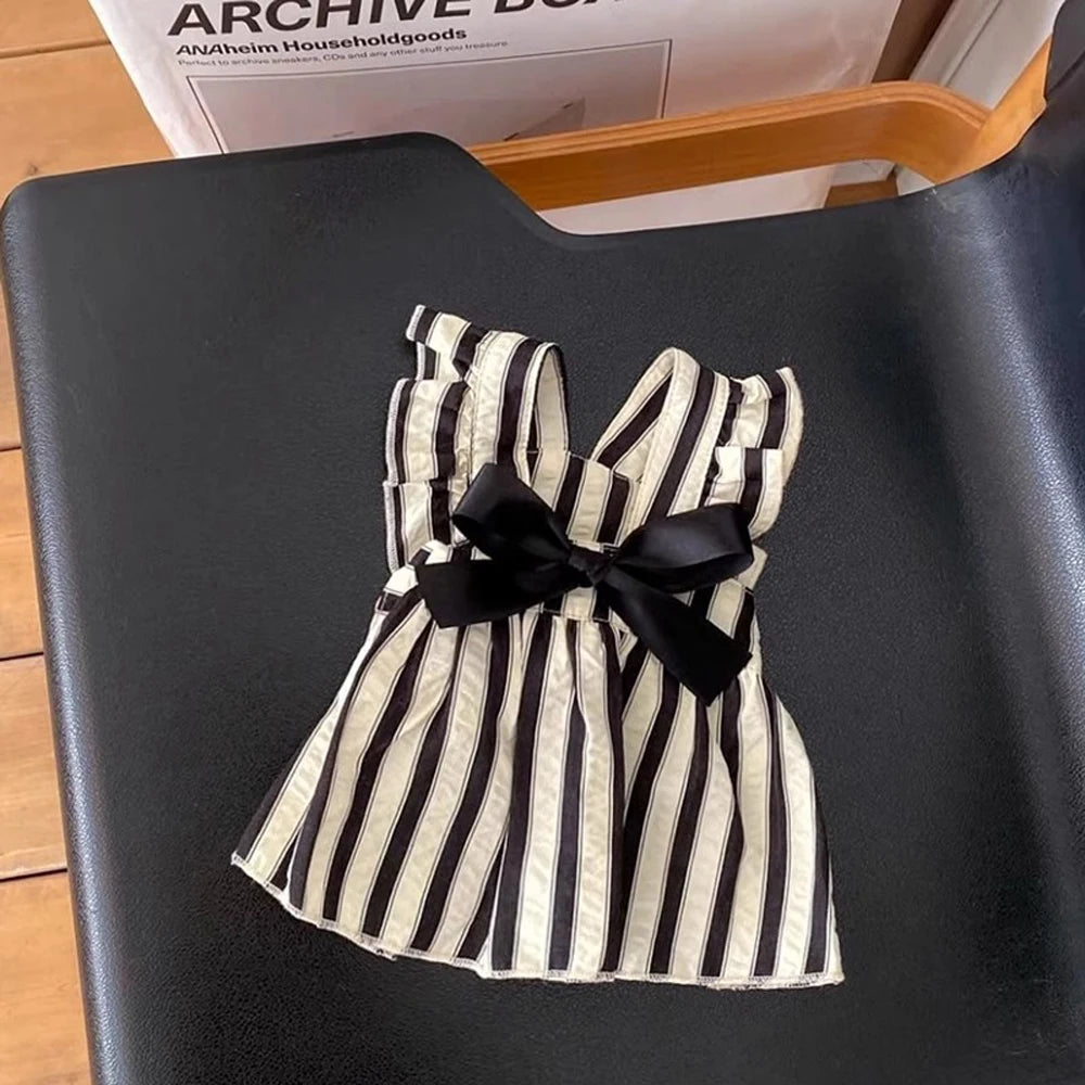 BLack/White Striped Dog Princess Dress-with Bow-Small Dogs-Costumes/Apparel