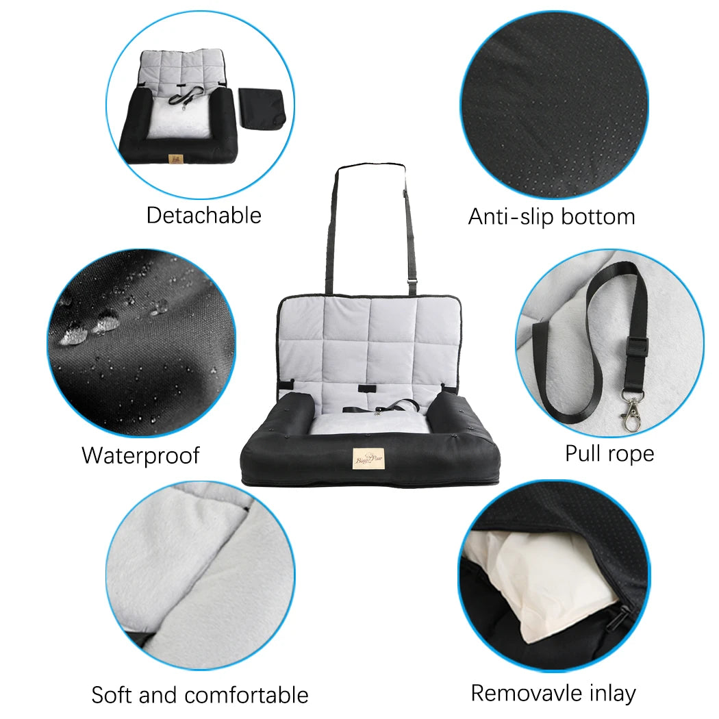 Dog Car Seat Bed-Waterproof Pet Cushion Bed - Dog Carrier with Removable Pad Cover/Safety Belt- Sizes