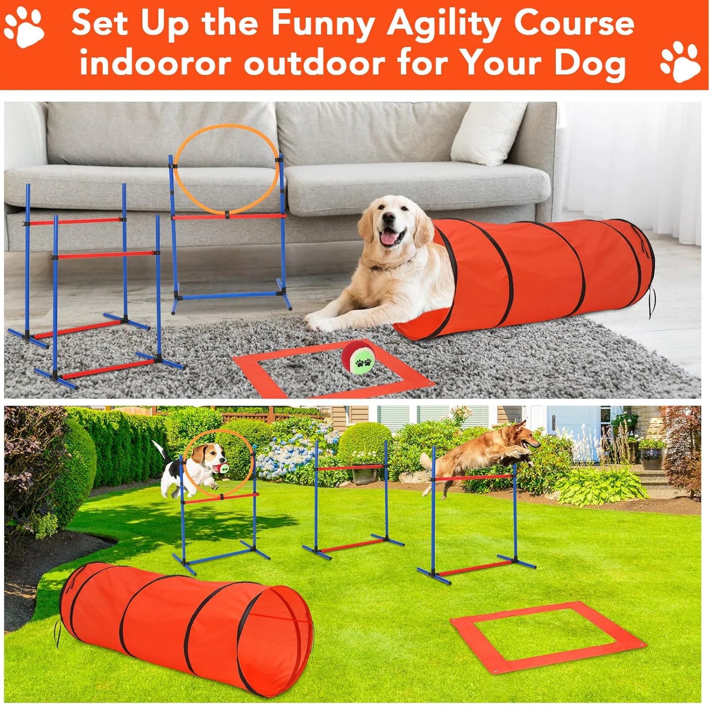 87 Pcs Adjustable Dog Agility Training Equipment Set -Obstacle Course Kit with 70" Tunnel- Tire Jump- Hurdle Jump- Weave Poles for Outdoor Game