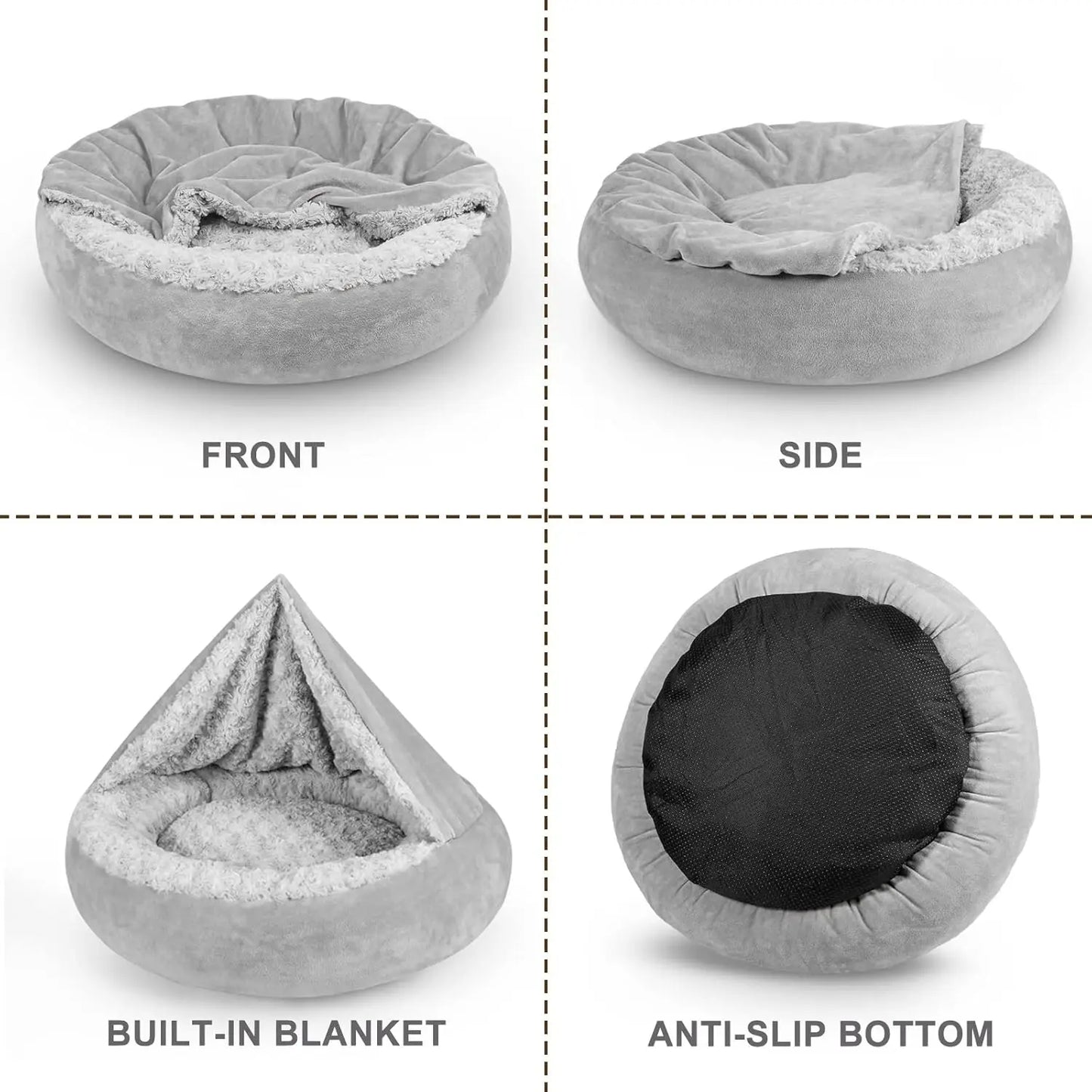 23-inch Cozy Dog Bed with Hooded Blanket- Anti-Anxiety Burrow Cave Bed for Small Dogs- Anti-Slip Bottom- Machine Washable-Beds & Blankets
