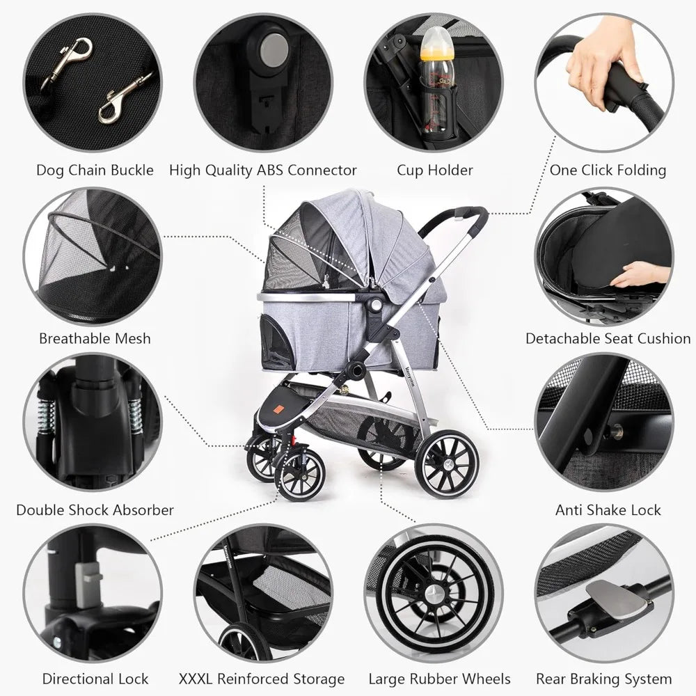 Pet Stroller 3 in 1 Dog Stroller for Small to Medium Size Dogs- Detachable Carrier