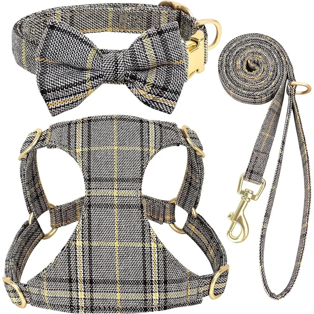 Cute Small Dog Harness Set- Adjustable Soft Plaid Pet Collar -Leash Bowtie Puppies Walking Parties- Comfort Durable Design