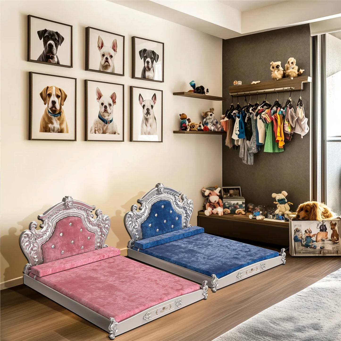 Bingopaw Luxury Pet Bed with Headboard, Dutch Velvet Dog Bed for Medium/Large/Multiple Dogs, European Style Noble Pet Bed