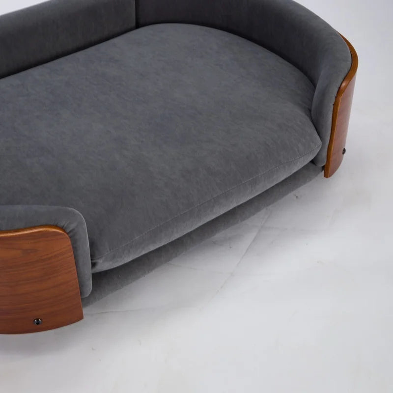 Elevated Dog Bed with Solid Wood Legs and Walnut Bent Wood Back- Velvet Upholstery- Washable-Large Size-Bed & Blankets