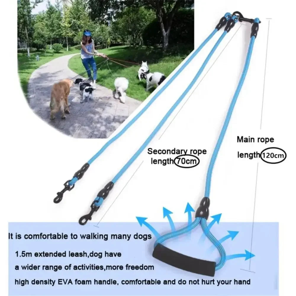 Pet Nylon Double 4 Lead Heads Dog Rope- 2 Way Coupler-Collars/Leashes
