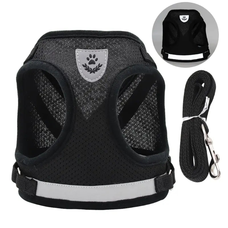 Black Undershirt Harnesses/Leash- Mesh- Breathable- Adjustable- Easy Control- Reflective- Sizes XS to XL-Collars/Leashes