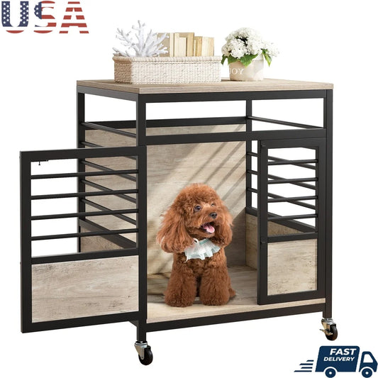 Wooden Dog Crate with Wheels- Stylish Indoor Pet Kennel- Heavy Duty- Chew-Proof- Portable Assembly Small Medium Dogs