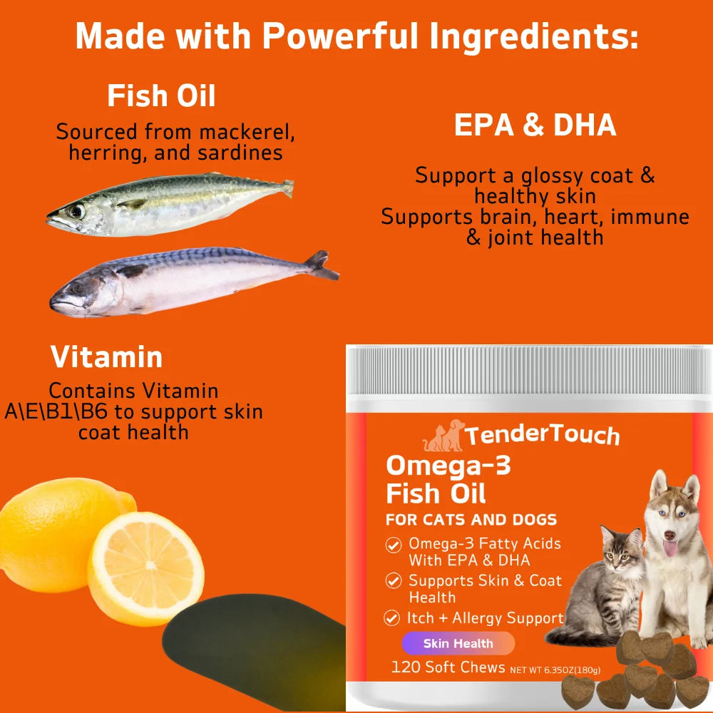 240 Chews - 2 Pack (2 x 180g/6.35oz) 360g/12.7oz - Omega 3 Fish Oil Supplement for Dogs/Cats-Pet Supplements