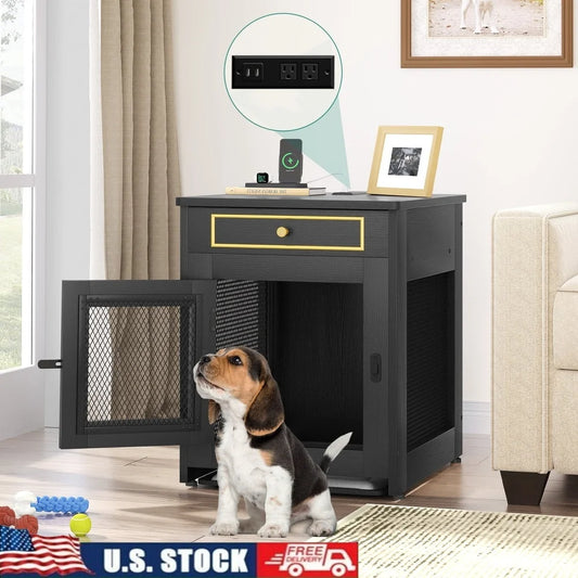 Wooden Furniture Dog Crate- Dual USB Charger- Safe and Stable Indoor Furniture- Easy Clean Tray- Lockable- Small Dogs