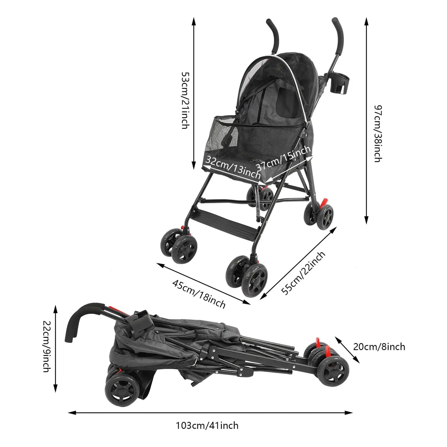 Pet Travel Stroller 22 x18 x 38 inch- Pet Stroller Made of Oxford Cloth- Spray Molding Foldable- Small Dog -Pet Strollers