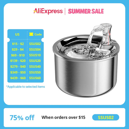 2L Stainless Steel Pet Automatic Water Dispenser -Fountain with Optional Sensor and Heater