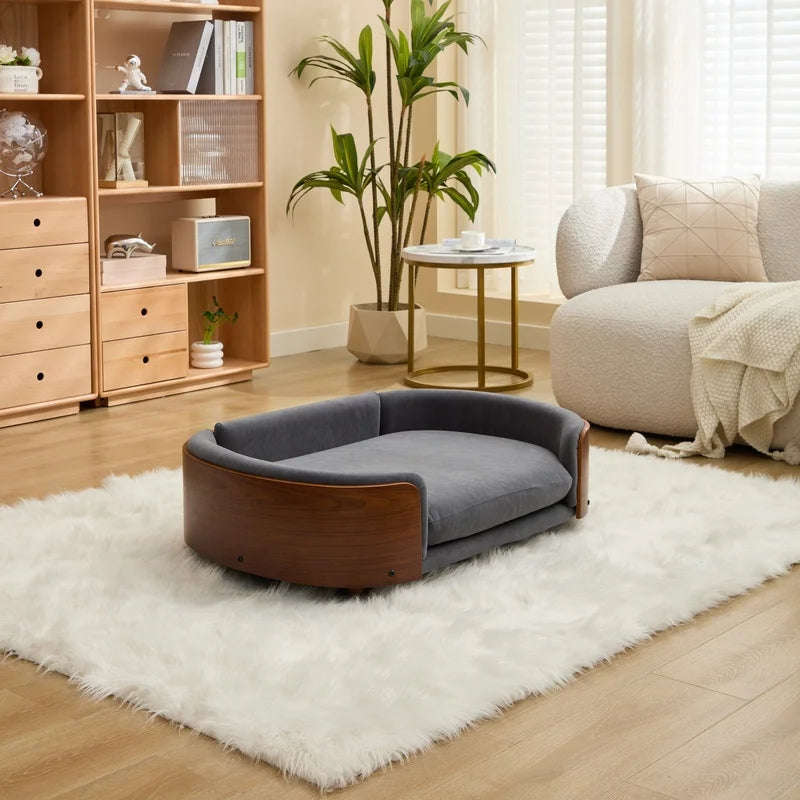 Elevated Dog Bed with Solid Wood Legs and Walnut Bent Wood Back- Velvet Upholstery- Washable-Large Size-Bed & Blankets