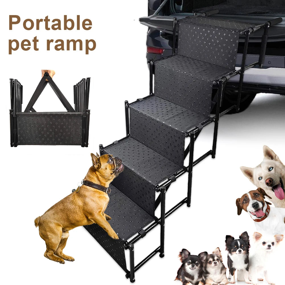 5 Steps Dog Stairs- Support Up To 150 Lbs- Foldable Dog Ramp Ladder with Nonslip Surface- Lightweight- Portable Pet Ladder Ramp