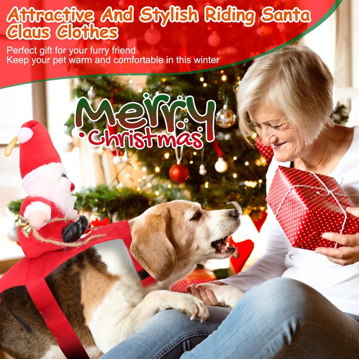 For Pet Christmas Costumes- Red Winter Coat for Dog Riding Santa Claus with Bell Clothes- New Year Outfit Costumes