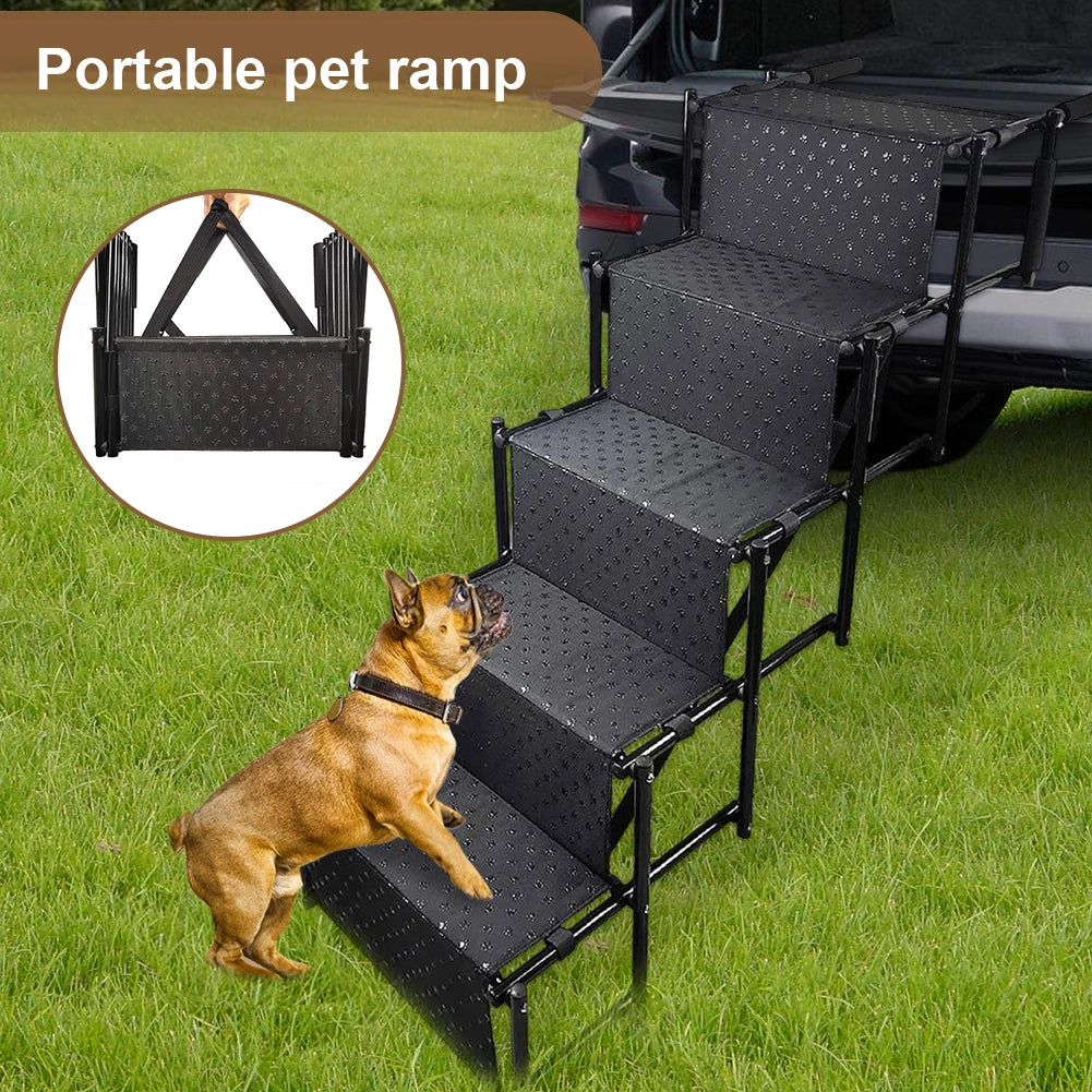 5 Steps Dog Stairs- Support Up To 150 Lbs- Foldable Dog Ramp Ladder with Nonslip Surface- Lightweight- Portable Pet Ladder Ramp