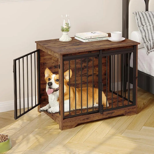 Dog Crate Furniture-32"" Double Door Dog Crate With Barn Door- Dog Kennel Indoor- End Side Table- Wooden Dog Crates For Small Dogs
