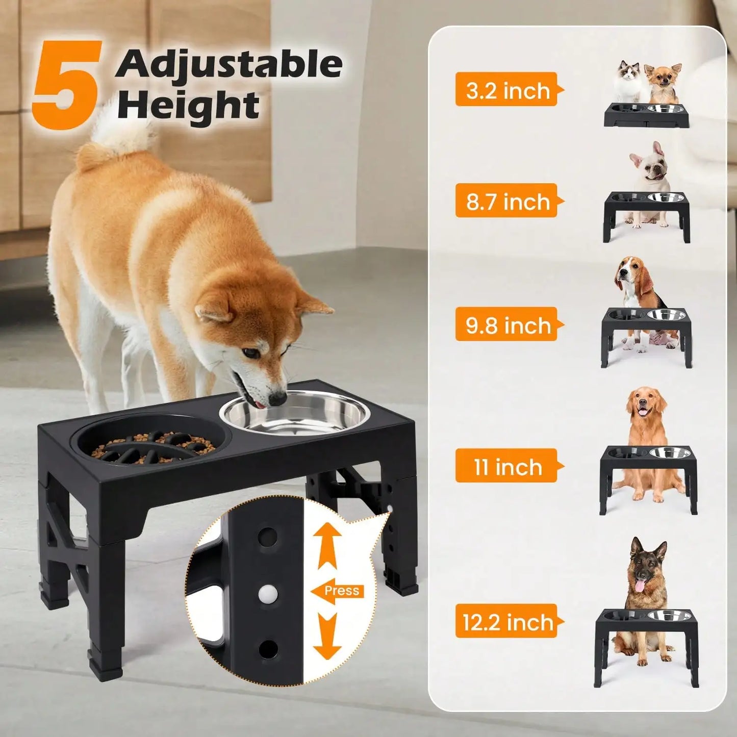 5-Height Adjustable Raised Dog Bowl Set - Includes 2 Stainless Steel Bowls- + 1 Slow Feeder- Anti-Choke Design-Suitable For All Dog Breeds- Pet Bowls/Feeding