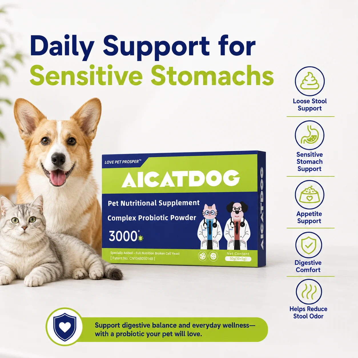 Probiotic Powder for Dogs & Cats- 3000+ Formula Digestive/ Gut Health Supplement- Daily Probiotics with Broken Cell Yeast- Stool/Immune- Support, 50g (10 x 5g)