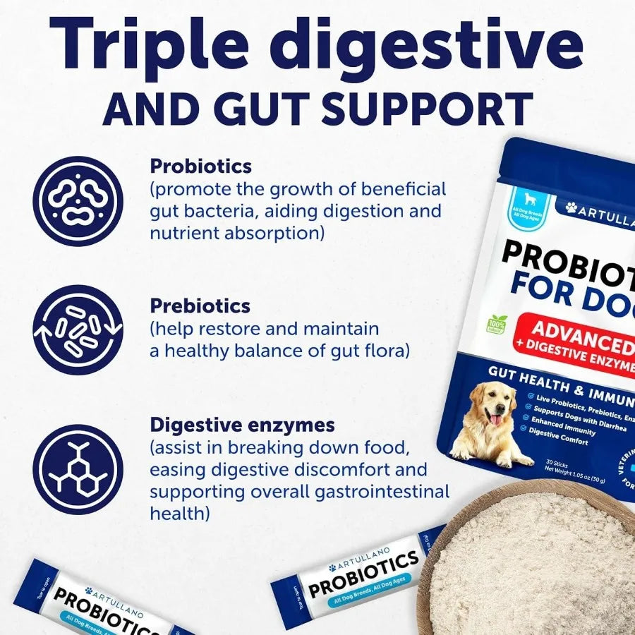 Probiotic Powder for Dogs Support Gut Health Itchy Skin Allergies 30 Sticks Immunity Yeast Balance Dog Probiotics and Digestive