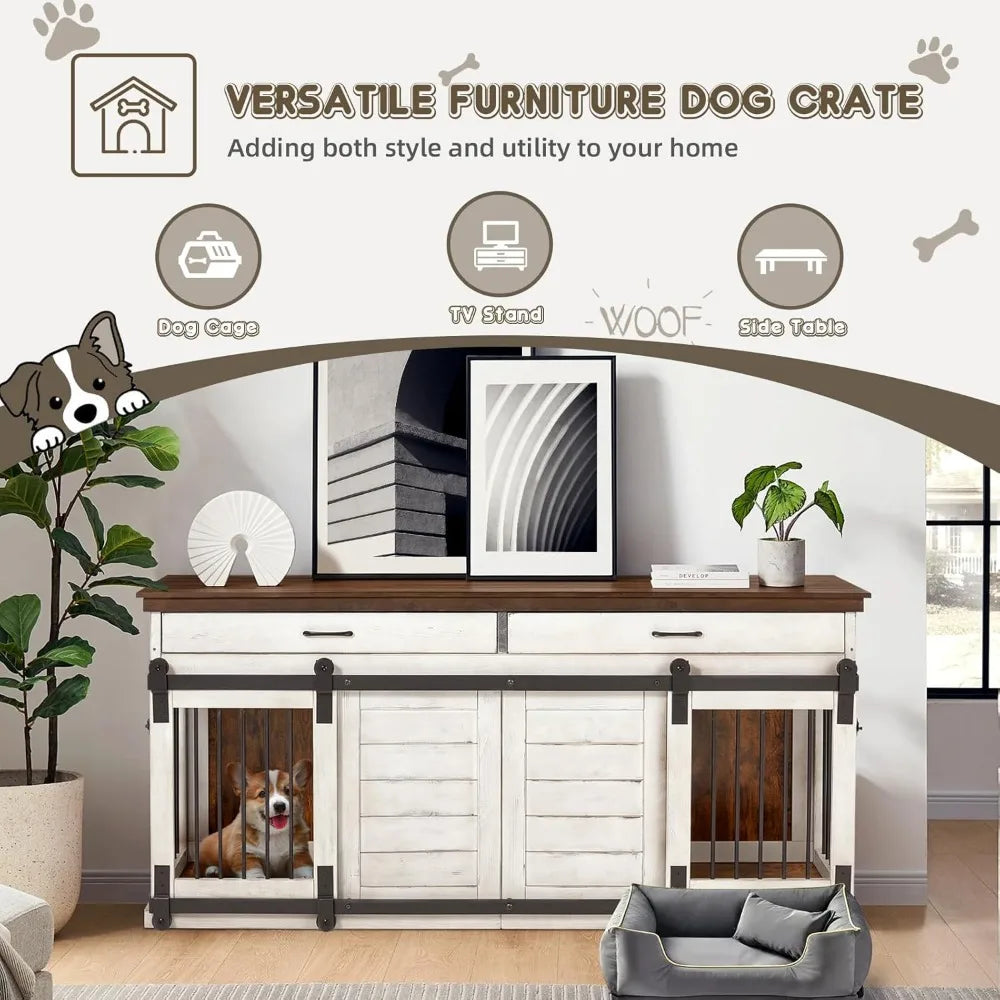 Dream  Solid Wood Dog Crate Furniture, 72.4" Wooden Indoor Dog Kennel Furniture