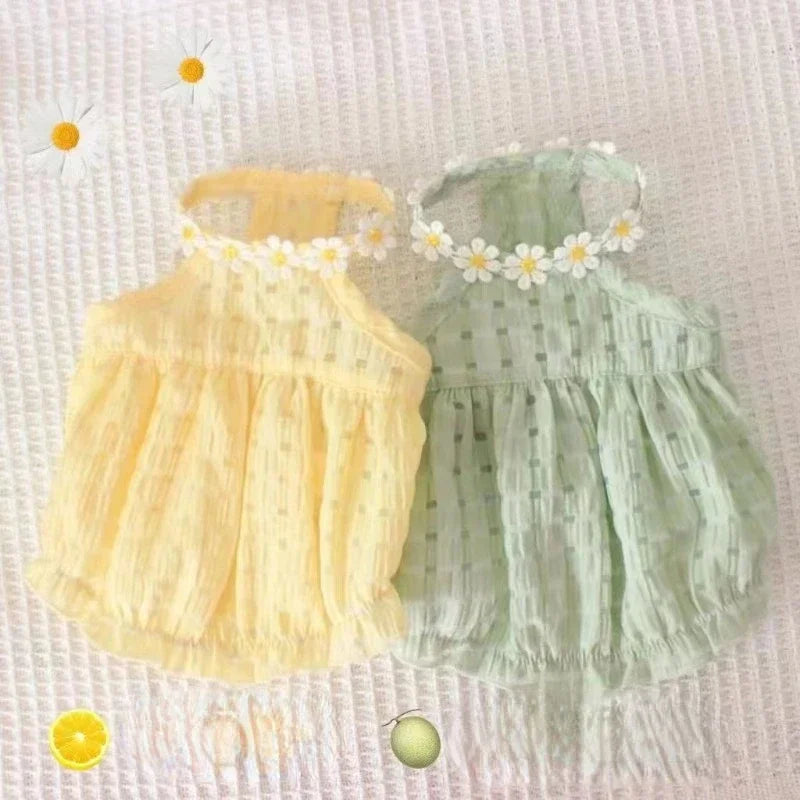 Breathable Pet Small Daisey Dress-thin Summer Dresses- Green/Yellow