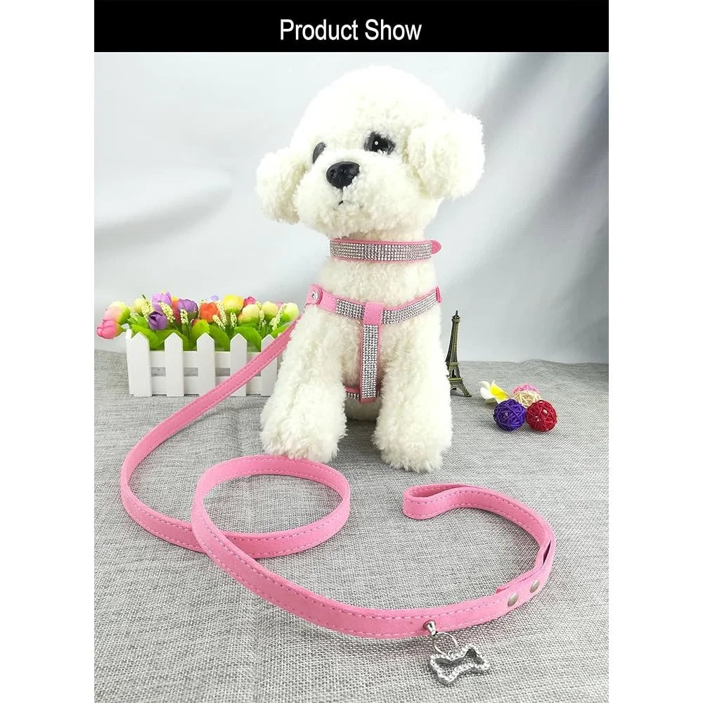 Comfortable Soft Dog Collar and Harness Set with Leash Stylish Diamond Design -Small Pets Training Outdoor Activity